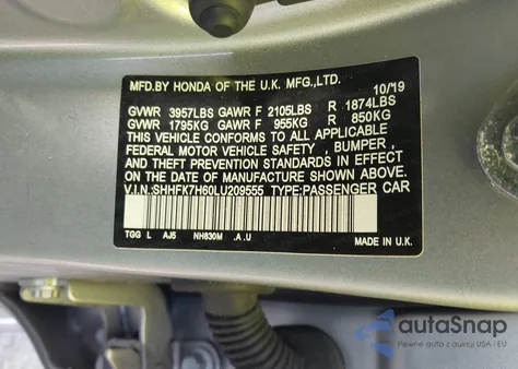 2020 Honda Civic Ex из США, поврежденный, VIN SHHFK7H60LU209555